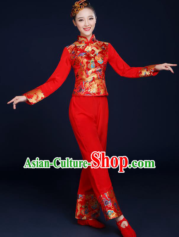 Traditional Chinese Folk Yangge Fan Classical Dance Red Uniform, China Yangko Drum Dance Clothing for Women