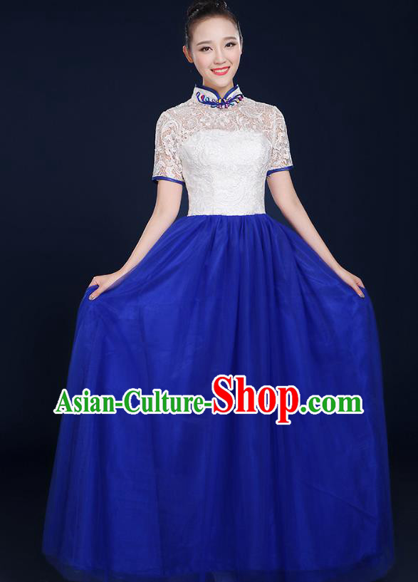 Traditional Chinese Modern Dance Opening Dance Lace Clothing Chorus Classical Dance Blue Dress for Women