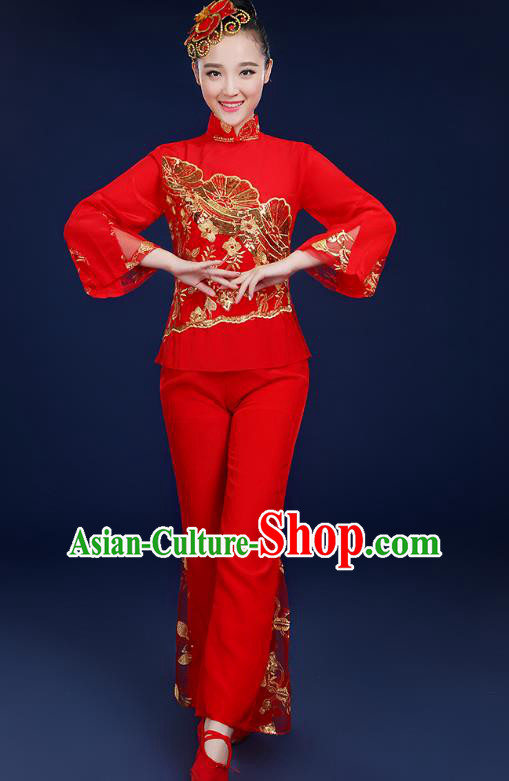 Traditional Chinese Folk Fan Dance Classical Dance Red Uniform, China Yangko Drum Dance Clothing for Women