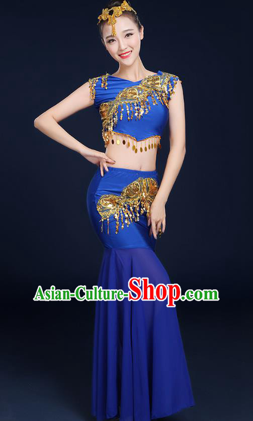 Traditional Chinese Dai Nationality Peacock Dance Costume, China Folk Dance Pavane Royalblue Dress for Women