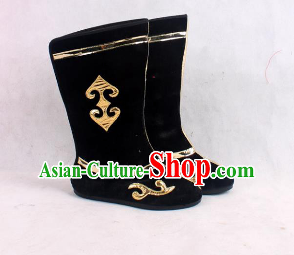 Asian Chinese Beijing Opera Embroidered Black Boots, Traditional China Peking Opera General Hanfu Shoes