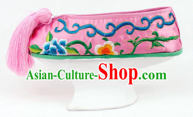 Asian Chinese Beijing Opera Actress Pink Embroidered Shoes, Traditional China Peking Opera Diva Hanfu Manchu Shoes