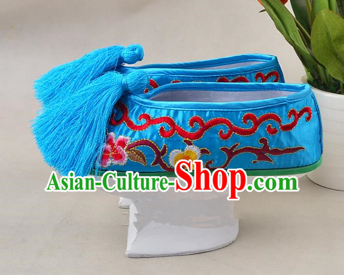 Asian Chinese Beijing Opera Actress Blue Embroidered Shoes, Traditional China Peking Opera Diva Hanfu Manchu Shoes