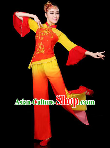 Traditional Chinese Yangge Fan Classical Dance Red Uniform, China Folk Yangko Drum Dance Clothing for Women