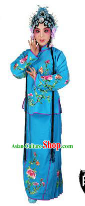 Chinese Beijing Opera Actress Embroidered Peony Costume, China Peking Opera Servant Girl Embroidery Blue Clothing