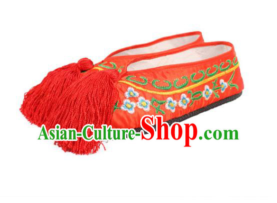 Asian Chinese Beijing Opera Actress Red Embroidered Shoes, Traditional China Peking Opera Diva Hanfu Shoes