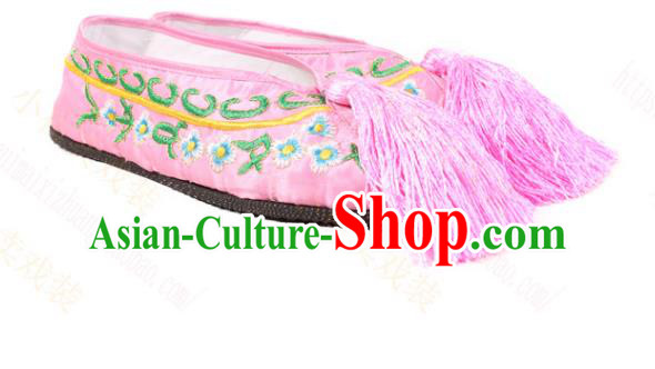 Asian Chinese Beijing Opera Actress Pink Embroidered Shoes, Traditional China Peking Opera Diva Hanfu Shoes