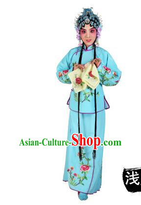 Chinese Beijing Opera Servant Girl Embroidered Light Blue Costume, China Peking Opera Actress Embroidery Clothing