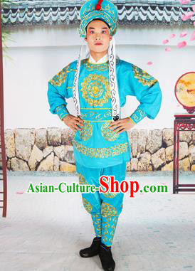 Chinese Beijing Opera Takefu Embroidered Lake Blue Costume, China Peking Opera Soldier Embroidery Clothing