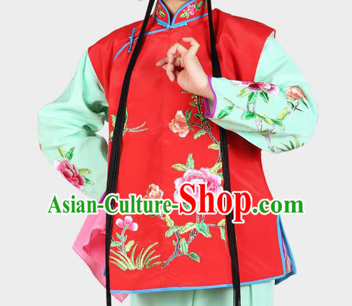 Chinese Beijing Opera Servant Girl Costume Embroidered Red Vest, China Peking Opera Actress Embroidery Waistcoat Clothing