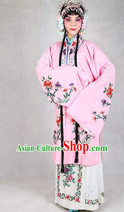 Chinese Beijing Opera Actress Embroidered Peony Pink Costume, Traditional China Peking Opera Diva Embroidery Clothing