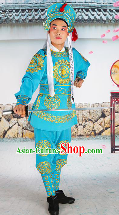 Chinese Beijing Opera Takefu Embroidered Blue Costume, China Peking Opera Warriors Embroidery Clothing