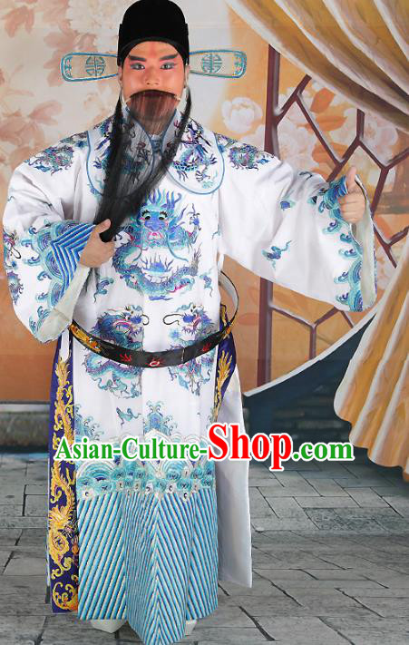 Chinese Beijing Opera Bao Zheng Costume White Embroidered Robe, China Peking Opera Prime Minister Embroidery Gwanbok Clothing