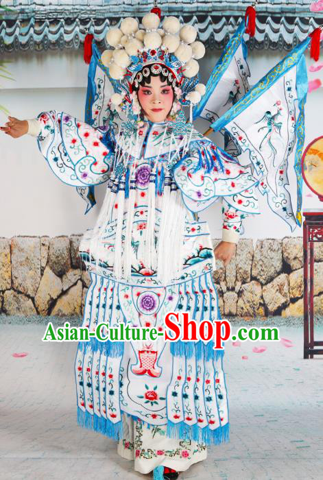 Chinese Beijing Opera Female General White Embroidered Costume, China Peking Opera Blues Embroidery Clothing