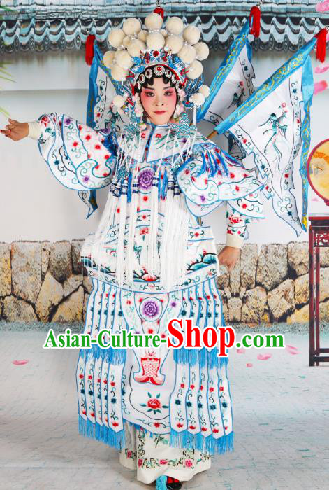 Chinese Beijing Opera Female General White Embroidered Costume, China Peking Opera Blues Embroidery Clothing