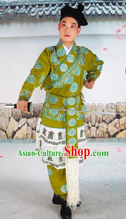 Chinese Beijing Opera Takefu Warrior Embroidered Green Costume, China Peking Opera Soldier Embroidery Clothing