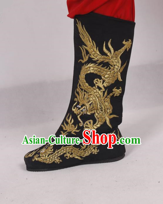 Asian Chinese Beijing Opera Niche Embroidered Dragon Shoes, Traditional China Peking Opera Young Men Hanfu Black Boots