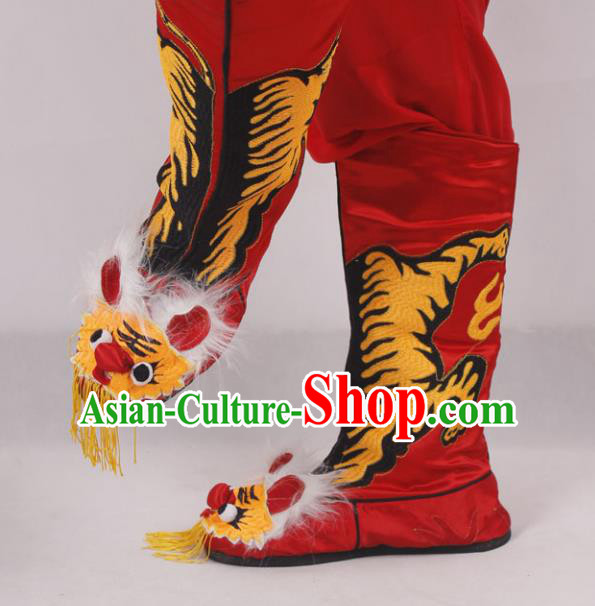 Asian Chinese Beijing Opera Takefu Embroidered Tiger Shoes, Traditional China Peking Opera Young Men Hanfu Red Boots