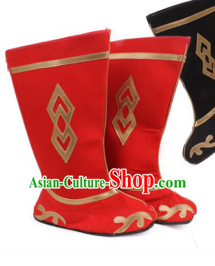 Asian Chinese Beijing Opera Takefu Red Embroidered Shoes, Traditional China Peking Opera Young Men Hanfu Boots