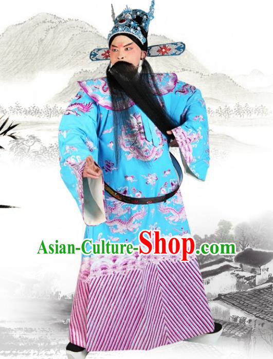 Chinese Beijing Opera Royal Highness Costume Blue Embroidered Robe, China Peking Opera Prime Minister Embroidery Gwanbok Clothing