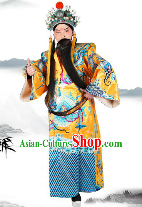 Chinese Beijing Opera Royal Highness Costume Yellow Embroidered Robe, China Peking Opera Prime Minister Embroidery Gwanbok Clothing