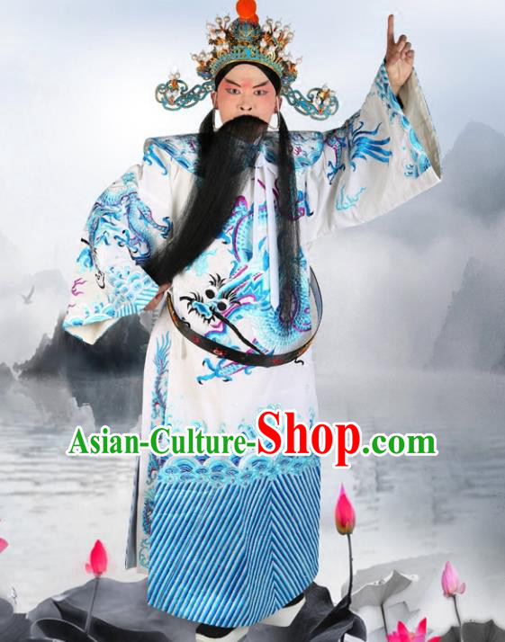 Chinese Beijing Opera Royal Highness Costume White Embroidered Robe, China Peking Opera Prime Minister Embroidery Gwanbok Clothing