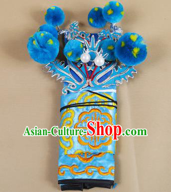 Asian Chinese Beijing Opera Takefu Blue Hats, Traditional China Peking Opera Martial Role Warrior Headwear