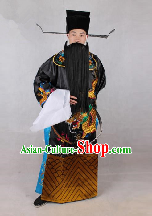 Chinese Beijing Opera Bao Zheng Costume Embroidered Robe, China Peking Opera Prime Minister Embroidery Black Gwanbok Clothing