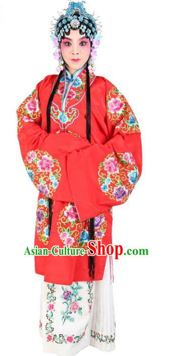 Chinese Beijing Opera Actress Embroidered Peony Flowers Red Costume, China Peking Opera Diva Embroidery Clothing