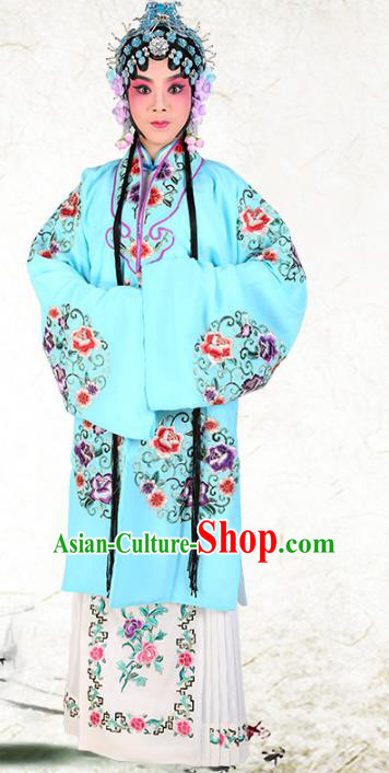 Chinese Beijing Opera Actress Embroidered Peony Flowers Blue Costume, China Peking Opera Diva Embroidery Clothing