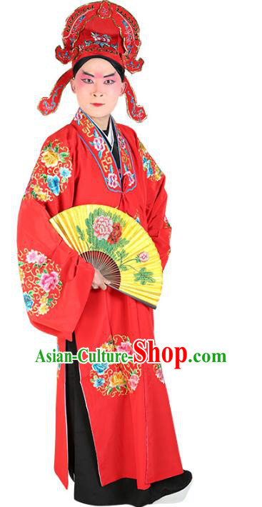 Chinese Beijing Opera Young Men Costume Red Embroidered Robe, China Peking Opera Scholar Clothing