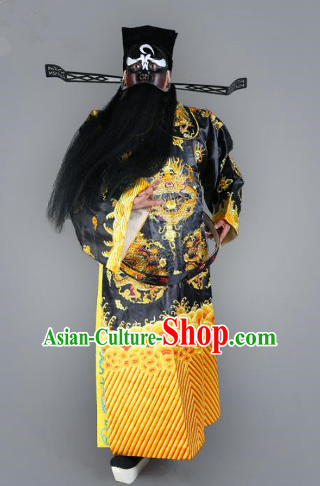 Chinese Beijing Opera Royal Highness Costume Dragons Embroidered Robe, China Peking Opera Prime Minister Black Gwanbok Clothing