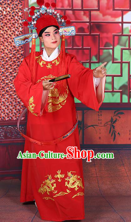 Chinese Beijing Opera Lang Scholar Costume Red Embroidered Robe, China Peking Opera Niche Clothing