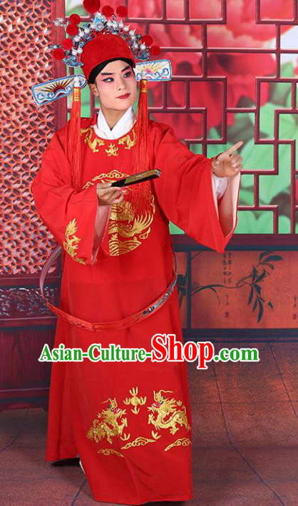 Chinese Beijing Opera Lang Scholar Costume Red Embroidered Robe, China Peking Opera Niche Clothing