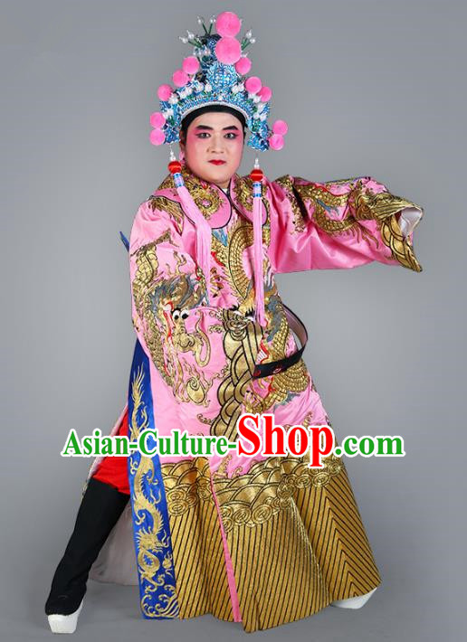 Chinese Beijing Opera Bao Zheng Costume Pink Embroidered Robe, China Peking Opera Prime Minister Embroidery Dragon Gwanbok Clothing