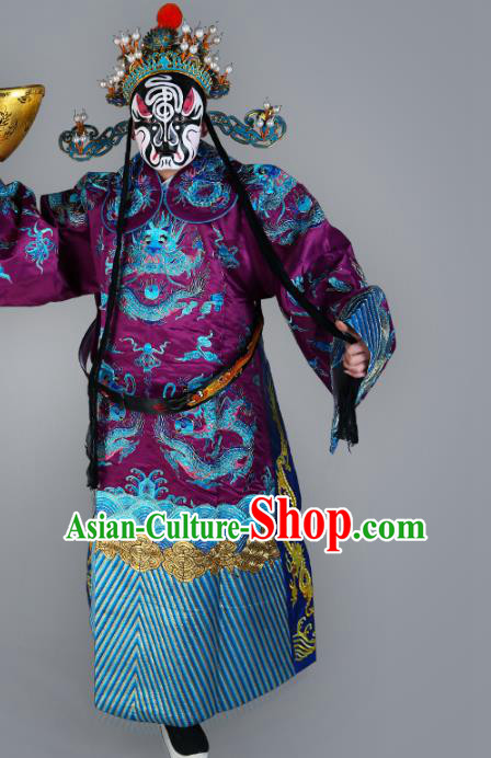 Chinese Beijing Opera Prime Minister Costume Purple Embroidered Robe, China Peking Opera Embroidery Dragon Gwanbok Clothing