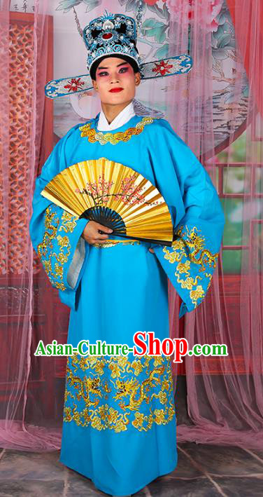 Chinese Beijing Opera Niche Costume Blue Embroidered Robe, China Peking Opera Scholar Embroidery Gwanbok Clothing