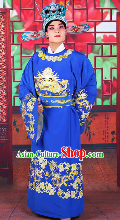 Chinese Beijing Opera Royal Highness Costume Deep Blue Embroidered Robe, China Peking Opera Scholar Embroidery Gwanbok Clothing