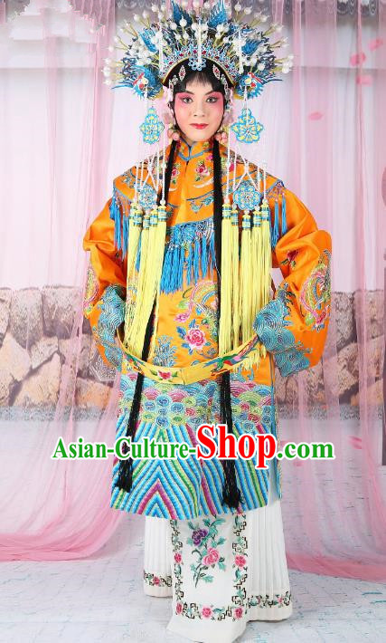 Chinese Beijing Opera Actress Imperial Empress Costume Yellow Embroidered Robe, China Peking Opera Diva Queen Clothing