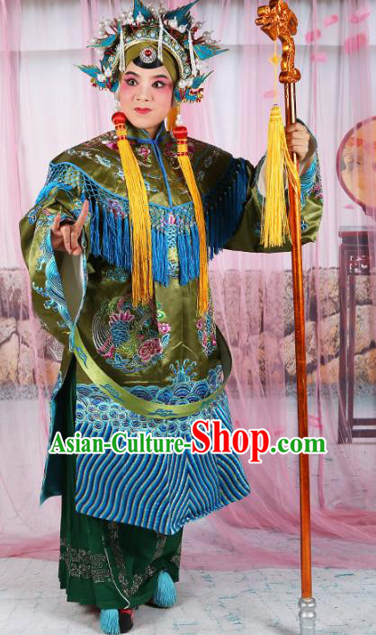 Chinese Beijing Opera Actress Old Women Costume Green Embroidered Robe, China Peking Opera Pantaloon Embroidery Clothing