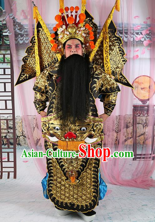 Chinese Beijing Opera General Costume Black Embroidered Robe, China Peking Opera Military Officer Embroidery Gwanbok Clothing