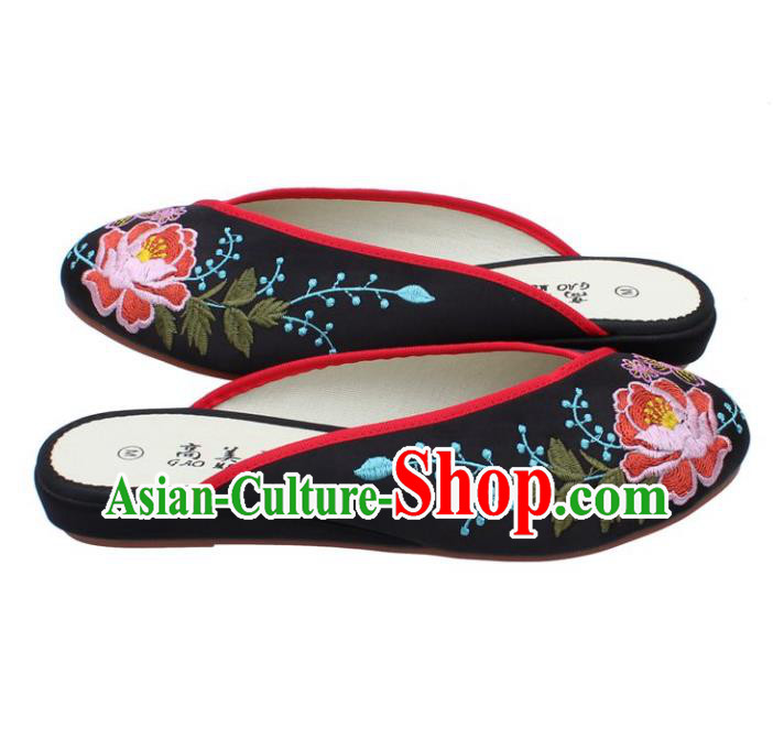 Traditional Chinese National Black Embroidered Shoes, China Handmade Embroidery Peony Hanfu Cloth Slippers for Women