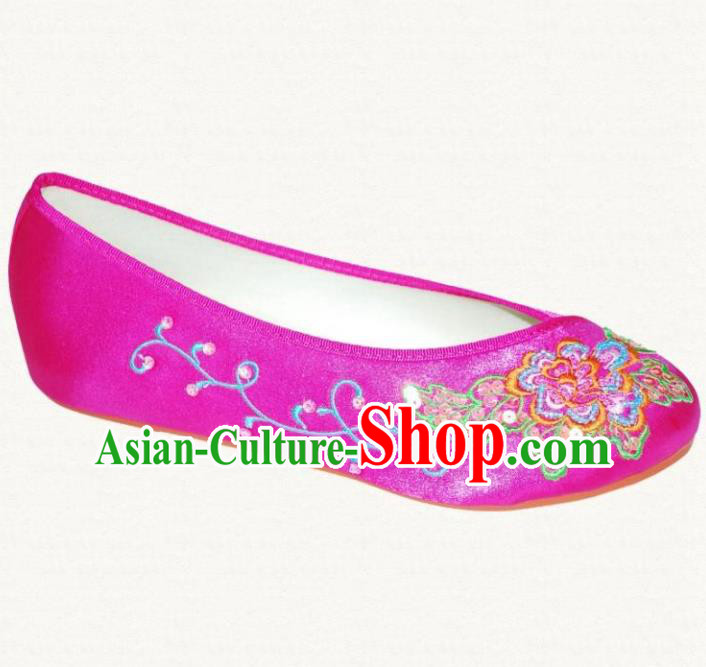 Traditional Chinese National Bride Rosy Embroidered Shoes, China Handmade Embroidery Flowers Hanfu Cloth Shoes for Women