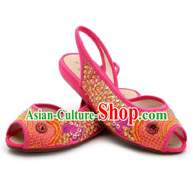 Traditional Chinese National Bride Rosy Paillette Embroidered Sandal, China Handmade Embroidery Flowers Peep-toe Shoes for Women