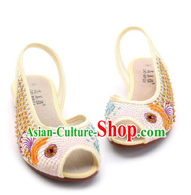 Traditional Chinese National Bride Beige Paillette Embroidered Sandal, China Handmade Embroidery Flowers Peep-toe Shoes for Women