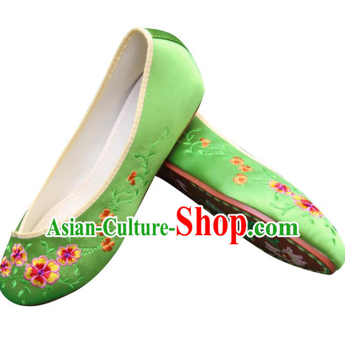 Traditional Chinese National Bride Green Embroidered Shoes, China Handmade Embroidery Flowers Hanfu Shoes for Women