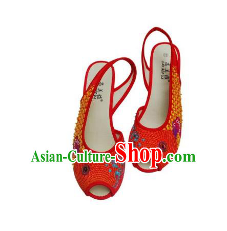 Traditional Chinese National Bride Dark Red Paillette Embroidered Sandal, China Handmade Embroidery Flowers Peep-toe Shoes for Women