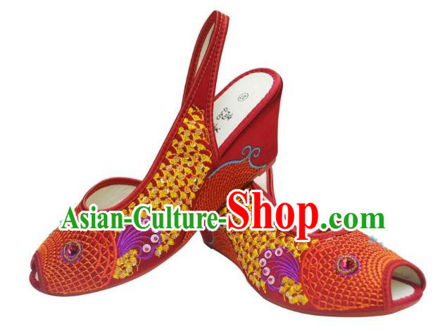 Traditional Chinese National Bride Rosy Paillette Embroidered Sandal, China Handmade Embroidery Flowers Peep-toe Shoes for Women