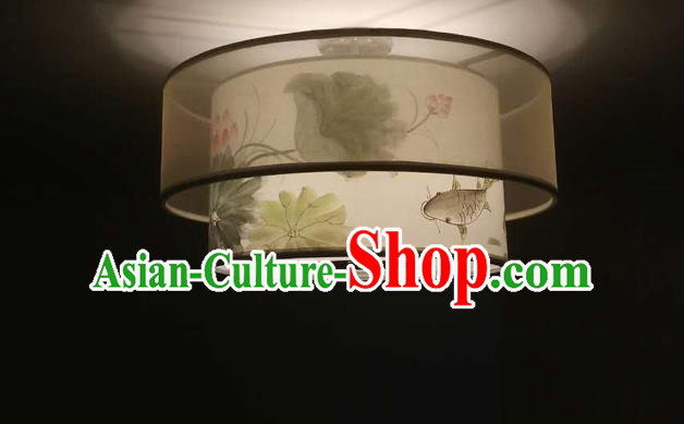 Traditional Chinese Handmade Sheepskin Painting Lotus Fish Palace Lantern China Ceiling Palace Lamp