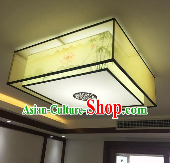 Traditional Chinese Handmade Sheepskin Painting Lotus Bamboo Palace Lantern China Ceiling Square Palace Lamp